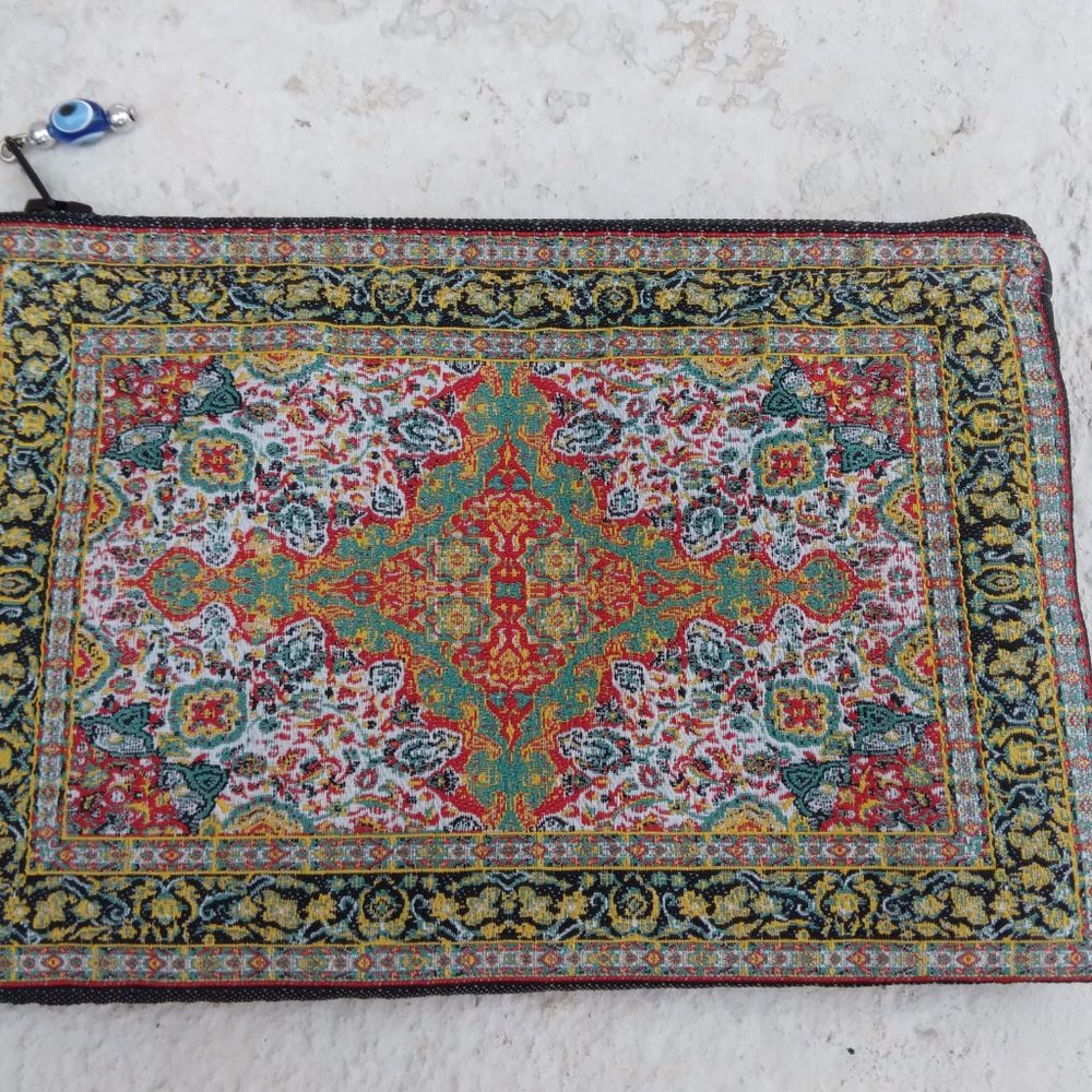 PERSIAN RUG DESIGN WOVEN TAPESTRY ZIPPERED POUCH CASE NEW